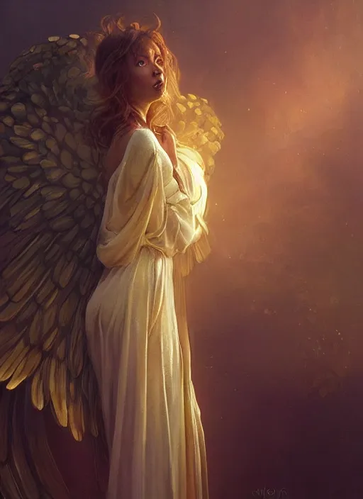 Image similar to a Photorealistic dramatic hyperrealistic render of an angel, gold clothes, dramatic lighting, by WLOP,Artgerm,Greg Rutkowski,Alphonse Mucha, Beautiful dynamic dramatic dark moody lighting,shadows,cinematic atmosphere,Artstation,concept design art,Octane render,8K