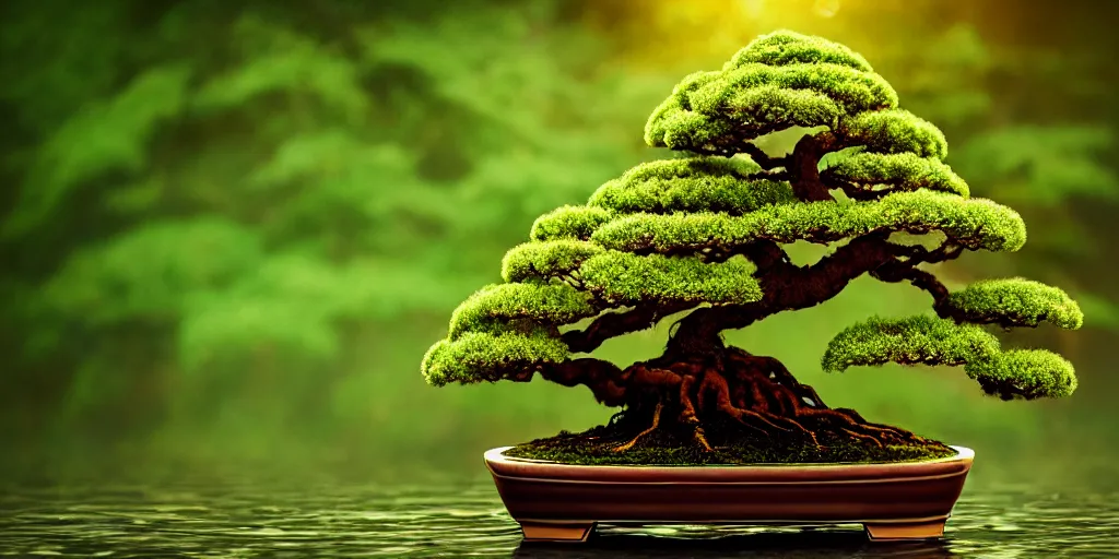 Prompt: concept art bonsai cedar on a emerald marmalade in the water, gold hour, soft lighting, rain, medium full shot, volumetric lighting, beautiful, ultra detailed, 3 5 mm, fujifilm, cinematic