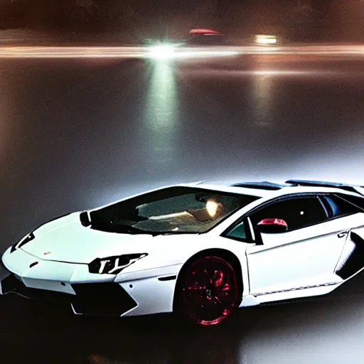 Prompt: Walter White driving a Lamborghini Aventador in the rain at night in the city