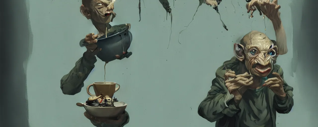 Prompt: duotone olive illustration 3 / 4 portrait of gollum drinking cup of tea, symmetrical composition accidental renaissance golden ratio. by sachin teng and sergey kolesov and ruan jia and heng z. graffiti art, scifi, fantasy, hyper detailed. octane render. concept art. trending on artstation