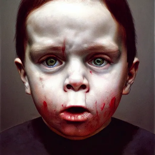 Prompt: high quality high detail painting by gottfried helnwein, hd, portrait of a psychopath, intense unsettling look in the eyes, photorealistic lighting