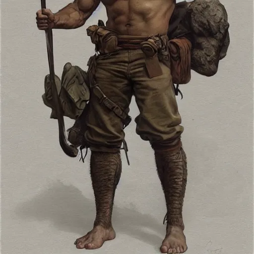 Image similar to portrait of a rugged ranger, muscular, upper body, hairy torso, detailed detailed detailed hands hands hands hands, D&D, fantasy, bare bare bare bare thighs thighs thighs intricate, elegant, highly detailed, digital painting, artstation, concept art, smooth, sharp focus, illustration, art by alphonse mucha