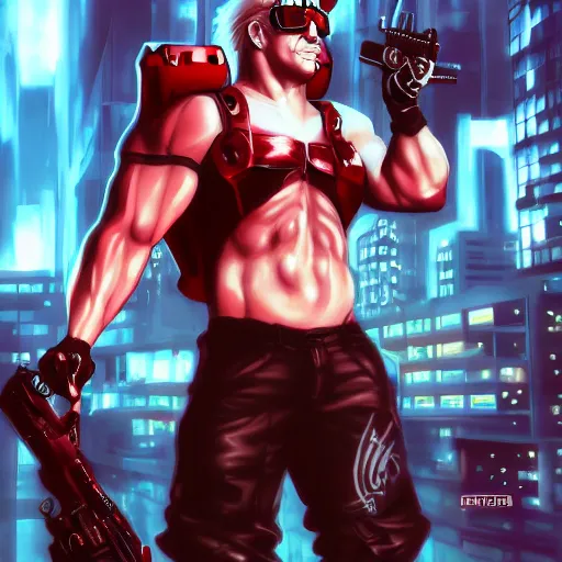 Prompt: duke nukem guy, anime, cyberpunk, artgerm, masterpiece, action game style, digital art, trending on arts