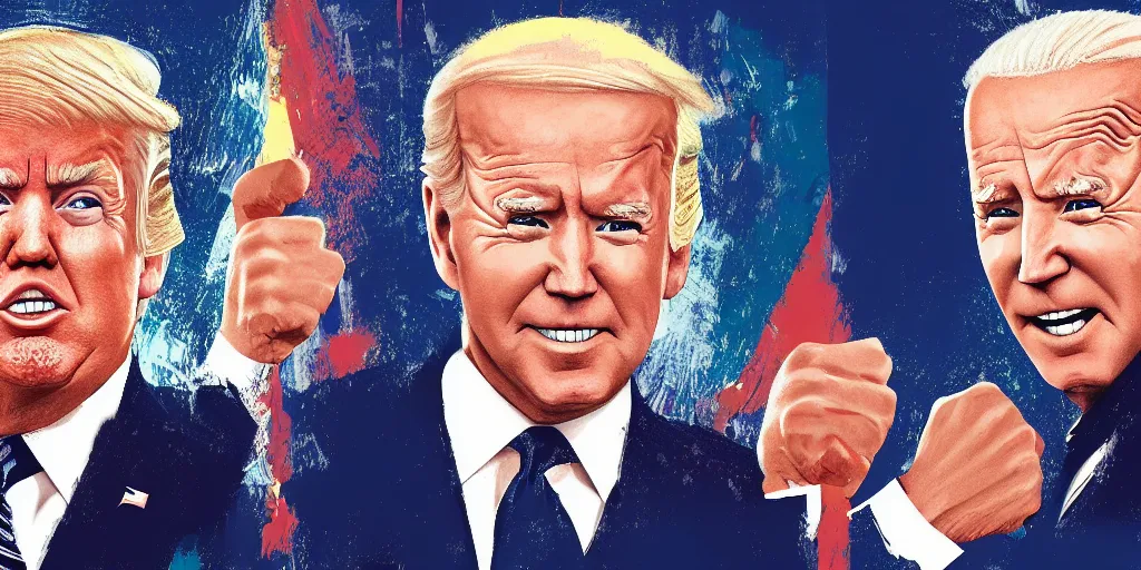 Image similar to a portrait of donald trump and joe biden having a fist fight, art station, digital art