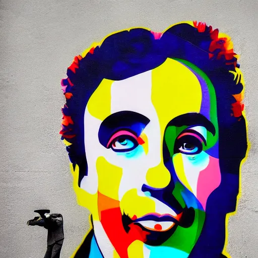 Prompt: Street-art portrait of Charlie Chaplin in style of eduardo kobra