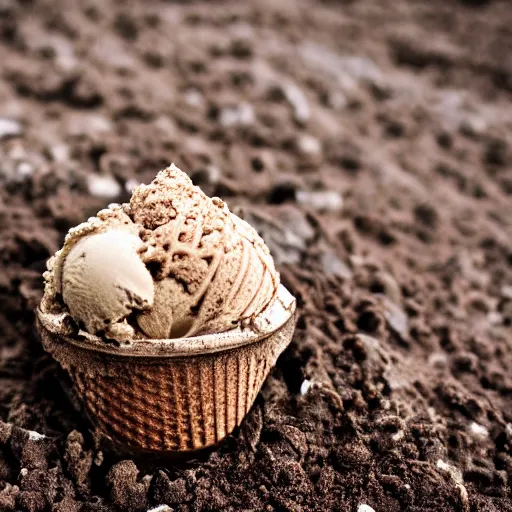 Prompt: macro photo of an ice cream cone covered in dirt and hair