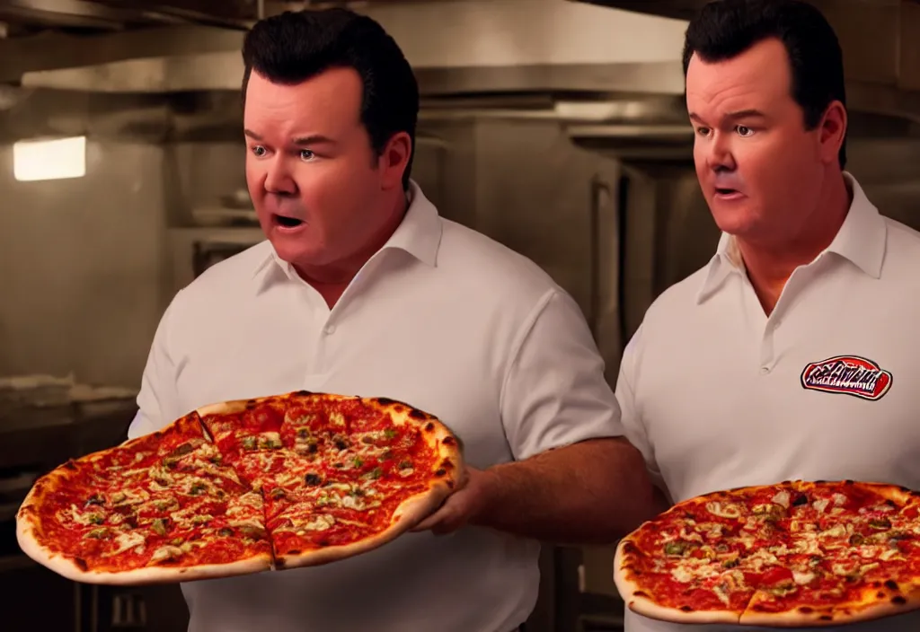 Image similar to a close-up HD photo of John Schnatter sweating pizza grease, cinematic, volumetric lighting, highly detailed, 8k