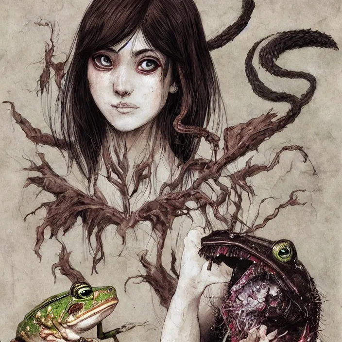 Image similar to portrait of Carnivore godlike fairy eating a frog alive, Junji Ito and Greg rutkowski