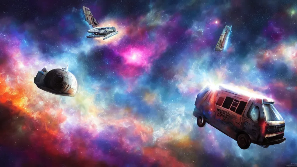 Image similar to a photorealistic concept art painting of a space van flying in front of a nebula, metal with graffiti on the side, star wars, 4 k hd wallpaper, premium prints available, hyper realistic, trending on artstation