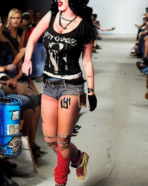 Prompt: Homeless Katy Perry walking the runway wearing tattered rags, grand theft auto san andreas