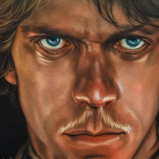 Image similar to An ultra realistic portrait painting of luke skywalker in the style of Frank Frazetta, 4k, Ultra realistic, Highly Detailed, Dark Fantasy, Epic Lighting