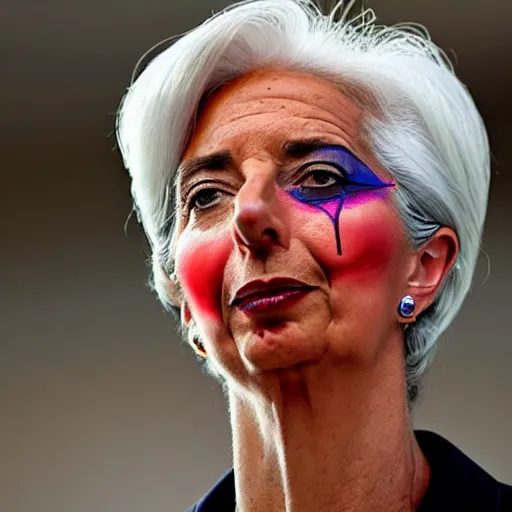 Image similar to Christine Lagarde with colorful clown makeup all over her face