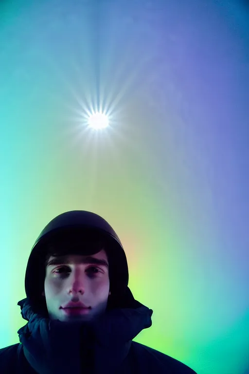 Image similar to high quality pastel coloured film mid angle selfie photograph of a beautiful young 2 0 year old male, soft features, black hair, wearing reflective padded clothing standing in an icelandic black rock environment. atmospheric. three point light. photographic. art directed. ( pastel colours ). volumetric light. sheen. waves glitch. 8 k. filmic.