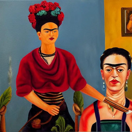 Image similar to oil painting of Frida kahlo standing and holding a knife next to a blindfolded man tied to a chair