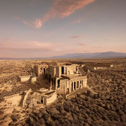 Prompt: epic view of a massive ancient ancient building made from ancient technology and vegetation and water lines in a wind blasted desert at dusk, overgrown with ancient culture, high rises, villa, villa towers, cinematic shot, trending on artstation