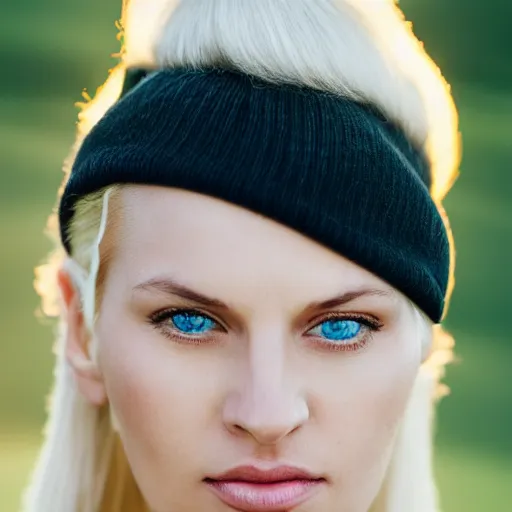 Prompt: a very beautiful still of a beautiful white blonde - haired woman with a pony tail and leaning her hat slightly backwards, golden hour, lascivious look into the camera, front shot very close - up hyper detailed eyes, hyper detailed hair