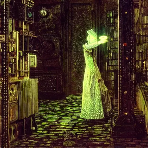 Image similar to A kinetic sculpture. A rip in spacetime. Did this device in her hand open a portal to another dimension or reality?! Hadean by John Atkinson Grimshaw riotous