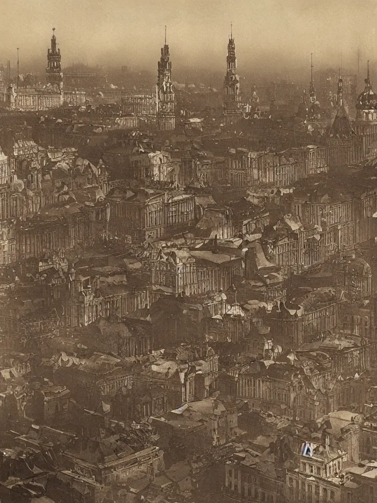 Image similar to a large dieselpunk and steampunk cityscape at dusk in russia during the 1 9 1 0 revolution, kremlin