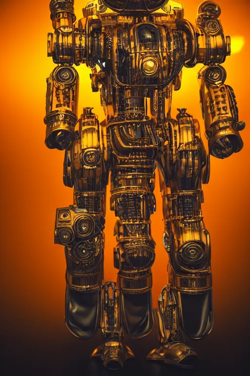 Prompt: portrait photo of a giant huge golden and blue metal humanoid steampunk robot, the head is a huge camera, with gears and tubes, eyes are glowing red lightbulbs, shiny crisp finish, 3 d render, 8 k, insaneley detailed, fluorescent colors, background is multicolored lasershow