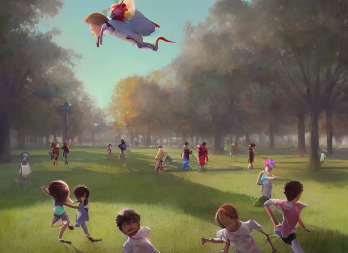 Image similar to happy children fly through a public park, by alejandro burdisio and bob bylerley and greg rutkowski