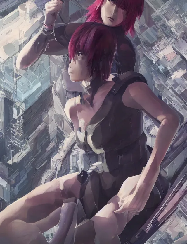 Image similar to a fullbody portrait of motoko kusanagi the major ghost in the shell : : stand alone complex, under repairs, maintenance : : by ilya kuvshinov, rossdraws, artgerm, sola digital arts, anti aliasing, raytracing : :