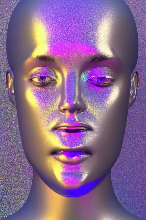 Image similar to 3d render of holographic human robotic bust made of glossy iridescent, bust, surrealistic 3d illustration of a human non-binary, non binary model, 3d model human, cryengine, made of holographic texture, holographic material, holographic rainbow, concept of cyborg and artificial intelligence