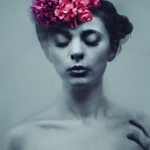 Image similar to portrait of a Smokey woman made of flowers and smoke