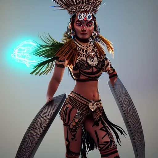 Image similar to character design, aztec warrior goddess, crown of body length feathers, full body, glowing aztec tattoos, beautiful, dark fantasy : : super - resolution, ultra - hd, vray