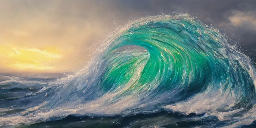 Image similar to a pictureque wave, cinematic lighting, detailed oil painting, hyperrealistic, 8k