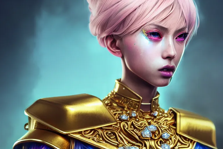 Image similar to hyperdetailed portrait of a stunningly beautiful european girl androgynous guard made of iridescent metals shiny pink gems, bright nimbus, thin golden necklace, inspired by ross tran and wlop and masamune shirow and kuvshinov, concept art, intricate, photorealistic, octane render, rtx, hdr, unreal engine, dnd digital art by artgerm