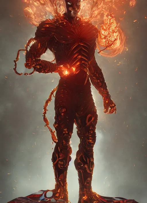 Prompt: 6 - armed superhero with fire coming out of his hair, hyper detailed, digital art, trending in artstation, cinematic lighting, studio quality, smooth render, unreal engine 5 rendered, octane rendered, art style by klimt and nixeu and ian sprigger and wlop and krenz cushart.