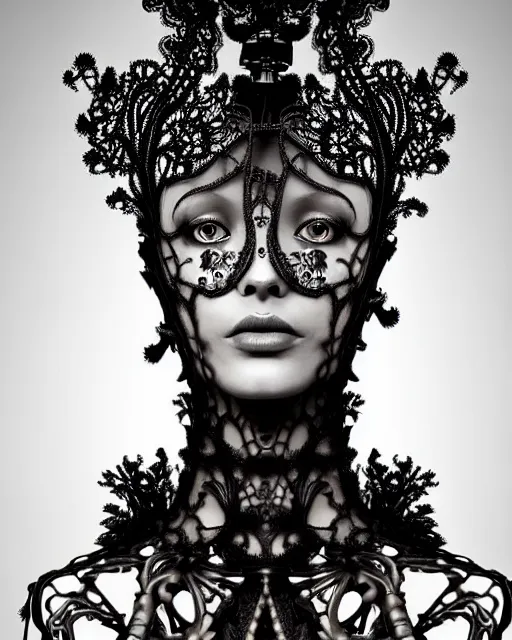 Image similar to surreal dark poetic black and white photo portrait of complex bio-mechanical beautiful young silver female vegetal-cyborg with a Mandelbrot fractal steampunk metal fine lace face, a very long neck and a fine metal floral foliage super big lace collar by Alexander McQueen:: smoke, high fashion, haute couture, rococo, steampunk, silver filigree details, anatomical, facial muscles, cable wires, microchip, elegant, dreamy, foggy atmosphere, hyper realistic, 150 mm lens, soft rim light, octane render, unreal engine, picture was taken in 1910 by Man Ray, volumetric lighting, dramatic light,8k,