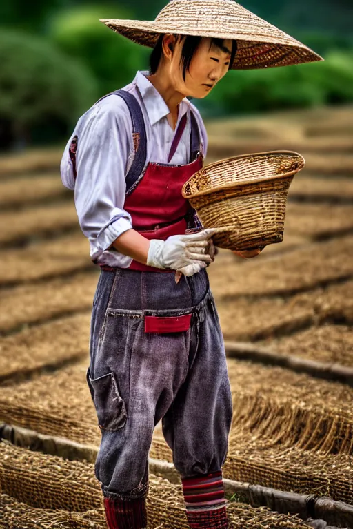 Prompt: japanesse farmer, cinematic view, bokeh, extreme detailed, vogue photo style, proportional, dynamic composition, face features, comfort posse, smooth, sharp focus, body features, ultra realistic, award winning photo, captured by nikon d 8 5 0, 4 5. 7 mp lens, 4 k, full body.