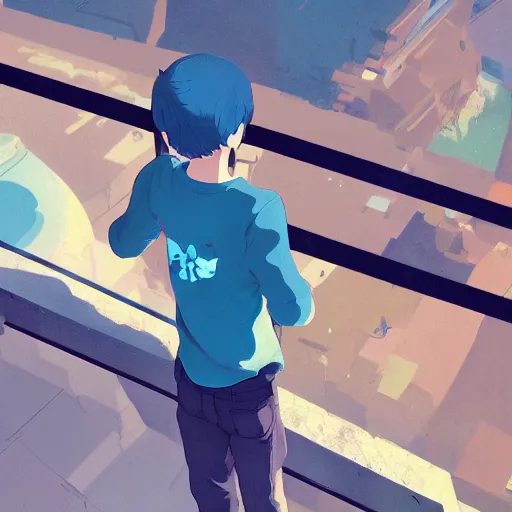 Prompt: teen boy, blue hair, standing on a ledge, highly detailed, artstation, by makoto shinkai and thomas kindle and James gilleard