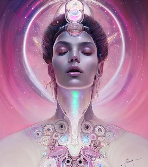 Prompt: porttait of a beautiful celestial Italian Mexican pearlescent interstellar Goddess wearing a futuristic slim dress exposed in cryo chambers by James Jean, pink and white theme, intricate, elegant, highly detailed, centered, digital painting, artstation, concept art, smooth, sharp focus, illustration, by Peter Mohrbacher, WLOP