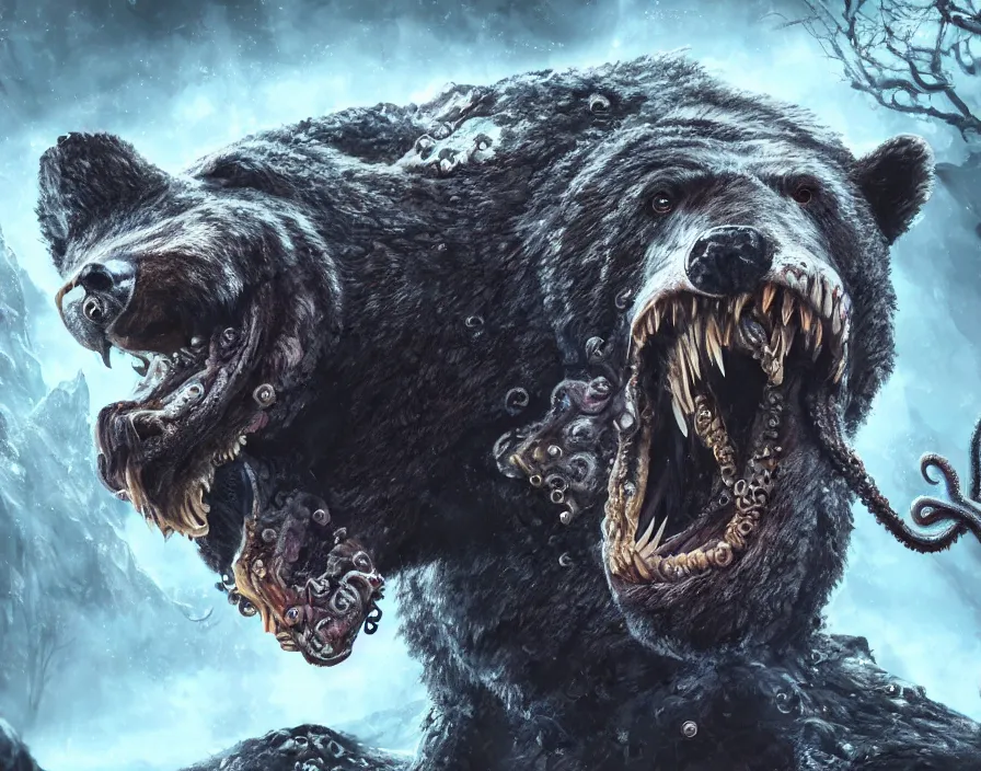 Image similar to bear, by lovecraft, eldritch, tentacles, teeth, mouth, beautiful texture, beautiful graphics, fantasy artwork, very beautiful scenery, hd, hdr, ue 5, ue 6, unreal engine 5, cinematic 4 k wallpaper, 8 k, ultra detailed
