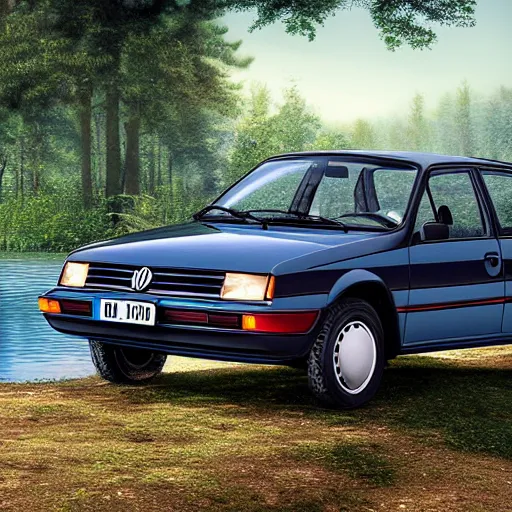 Image similar to a volkswagen jetta mk 2 by a lakeside forest, hyper realistic
