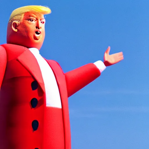 Image similar to donald trump as an inflatable doll in a red dress, film still, curved body, high quality, 8 k