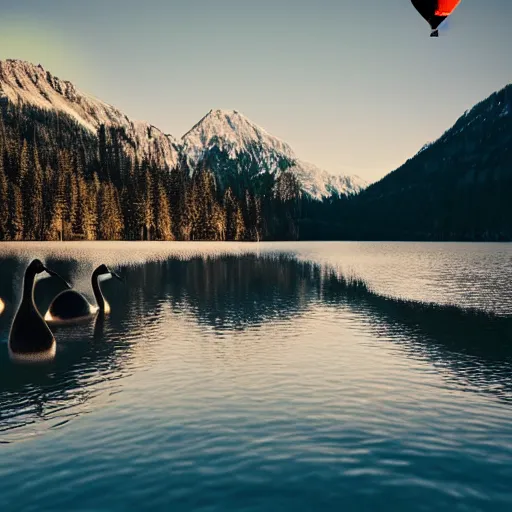 Image similar to photo of two black swans swimming in a beautiful reflective mountain lake, touching heads, forming a heart with their necks, a hot air balloon flying above the swans , granular detail, hot air balloon, intricate, portrait, 8k highly professionally detailed, HDR, CGsociety, octane render, 4k, f32,55mm photography, wide angle