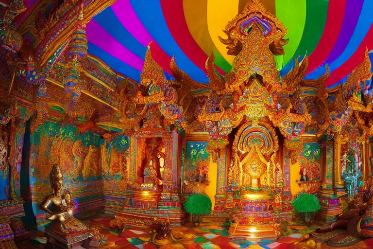 Prompt: rainbow thai temple, elaborate, intricate, beautiful, magical, well lit, torches, mythical beasts, gods, princes, royalty, representational, hyperrealistic, DAZ, unreal 5, fisheye, dynamic lighting, detailed painting by Leonardo DaVinci