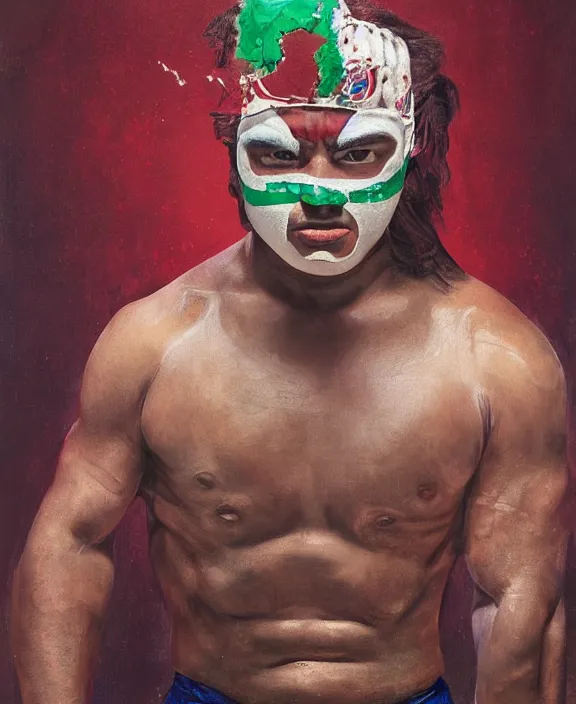 Image similar to heroic portrait of a young mexican wrestler. art by denys tsiperko and bogdan rezunenko, hyperrealism