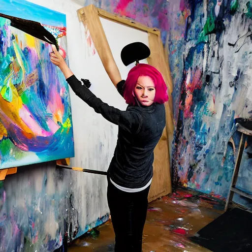 Prompt: surreal - a female artist (wearing pink hair and wearing black beret) swinging an ax with mad anger to cut a painting canvas in as paint flies throughout a dirty, dark art studio with paint cans on the floor and a computer in the corner