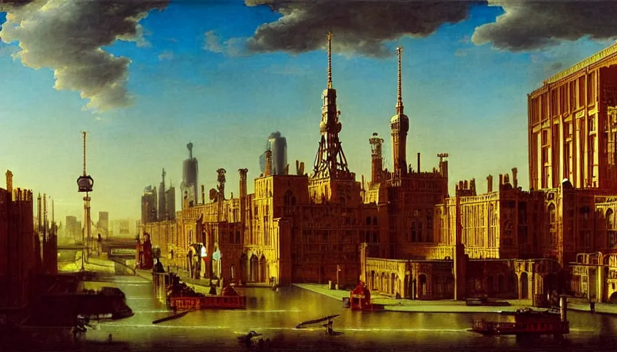 Image similar to Victorian England soviet city with flying cars and cyberpunk, made by Hubert van Eyck, Georges de La Tour, Élisabeth Vigée Le Brun, Jacques-Louis David