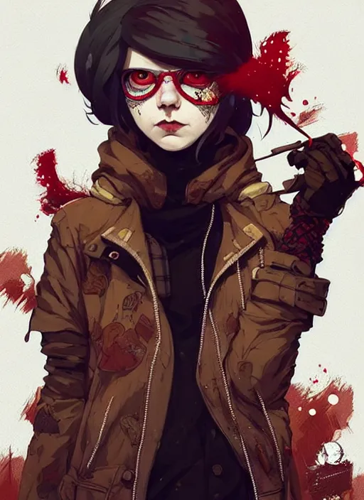 Image similar to highly detailed portrait of a sewer punk canadian lady, tartan hoody, white hair by atey ghailan, by greg rutkowski, by greg tocchini, by james gilleard, by joe fenton, by kaethe butcher, gradient red, brown, blonde cream and white color scheme, grunge aesthetic!!! ( ( graffiti tag wall background ) )