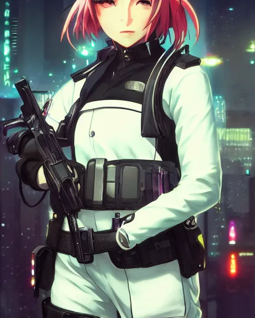 Image similar to anime key visual of a young female police officer, neon, cyberpunk, futuristic, white clothing, black vest, stunning, highly detailed, digital painting, artstation, smooth, soft focus, illustration, art by artgerm and greg rutkowski and alphonse mucha