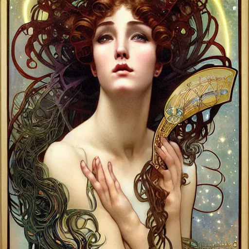 Prompt: realistic detailed face portrait of the Celestial Muse of Astronomy Urania with a spiral nebula rising for hair by Alphonse Mucha, Ayami Kojima, Amano, Charlie Bowater, Karol Bak, Greg Hildebrandt, Jean Delville, and Mark Brooks, Art Nouveau, Neo-Gothic, gothic, rich deep moody colors