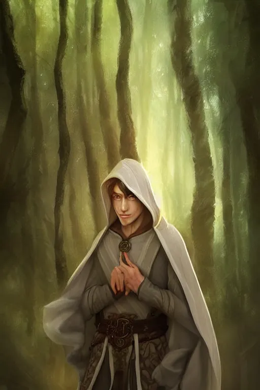 Image similar to beautiful, digital art, portrait painting of a male elf wizard, wearing linen hooded cloth. forest background. artstation, by jisu choe