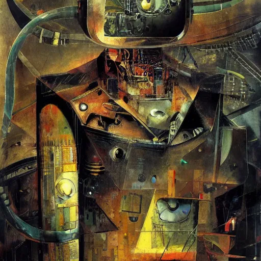 Image similar to a full wired mechanical robot imagines a fantasy world, oil on canvas by dave mckean