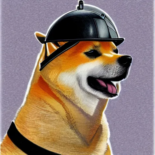 Image similar to A drawing of a Shiba Inu dog wearing a soldier's helmet