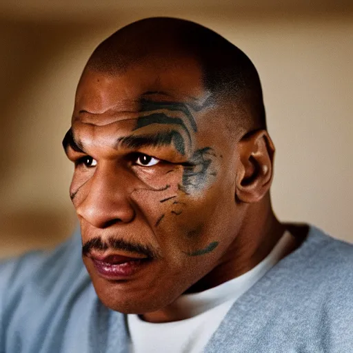 Image similar to a cinematic film still of Mike Tyson holding a Piegeon, 40mm lens, shallow depth of field, close up, split lighting, cinematic